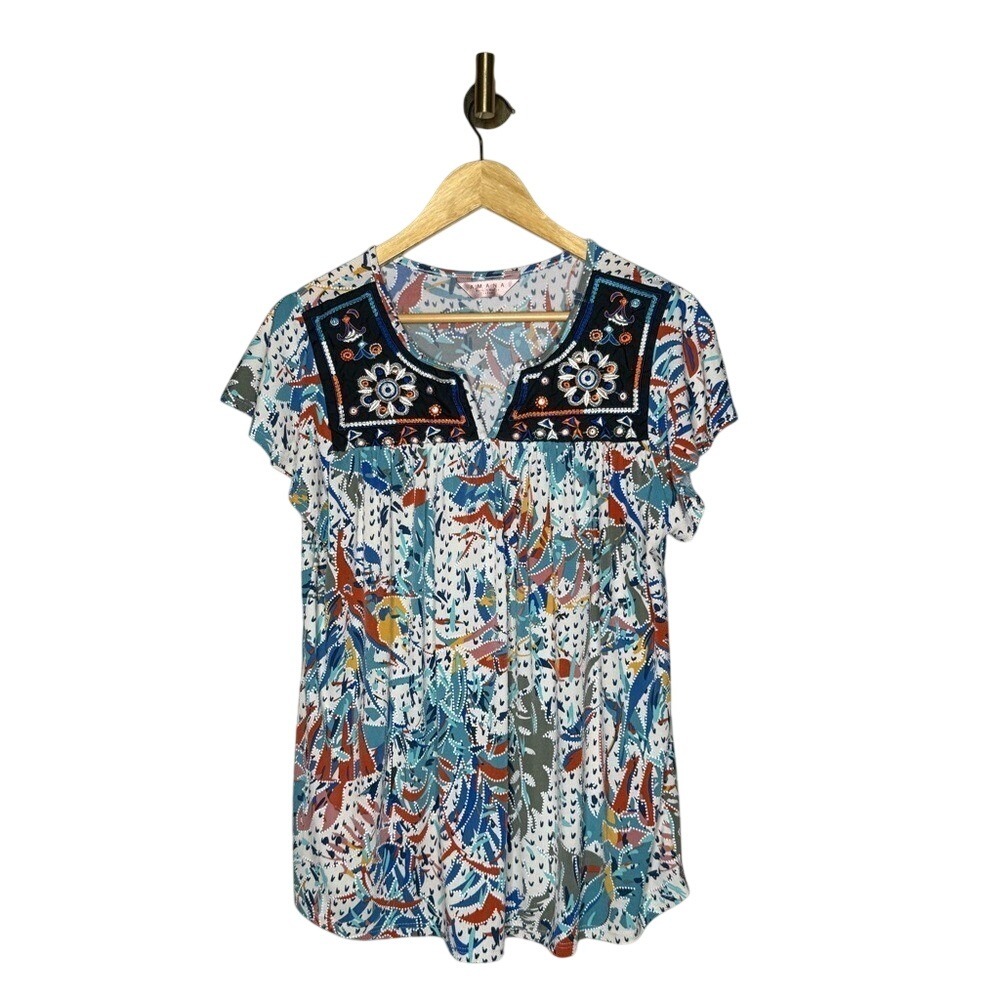 Amana Embroidered Boho Peasant Top Large Flutter Sleeve‎ Festival Blouse
